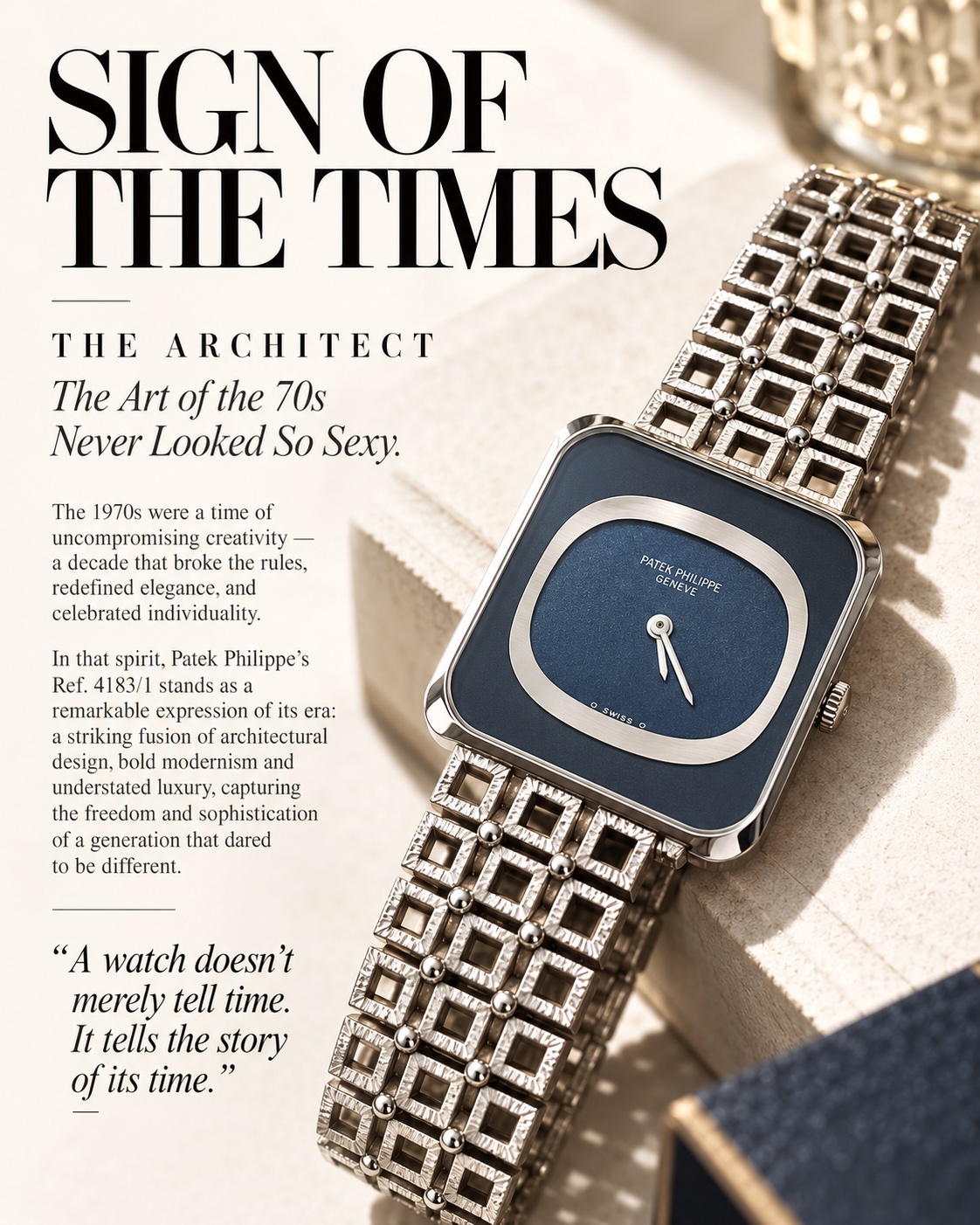 Vintage Patek Philippe Ref. 4183/1 in 18K white gold from the 1970s, blue dial with metallic surround and openworked geometric bracelet — The Architect, Sign of the Times editorial cover