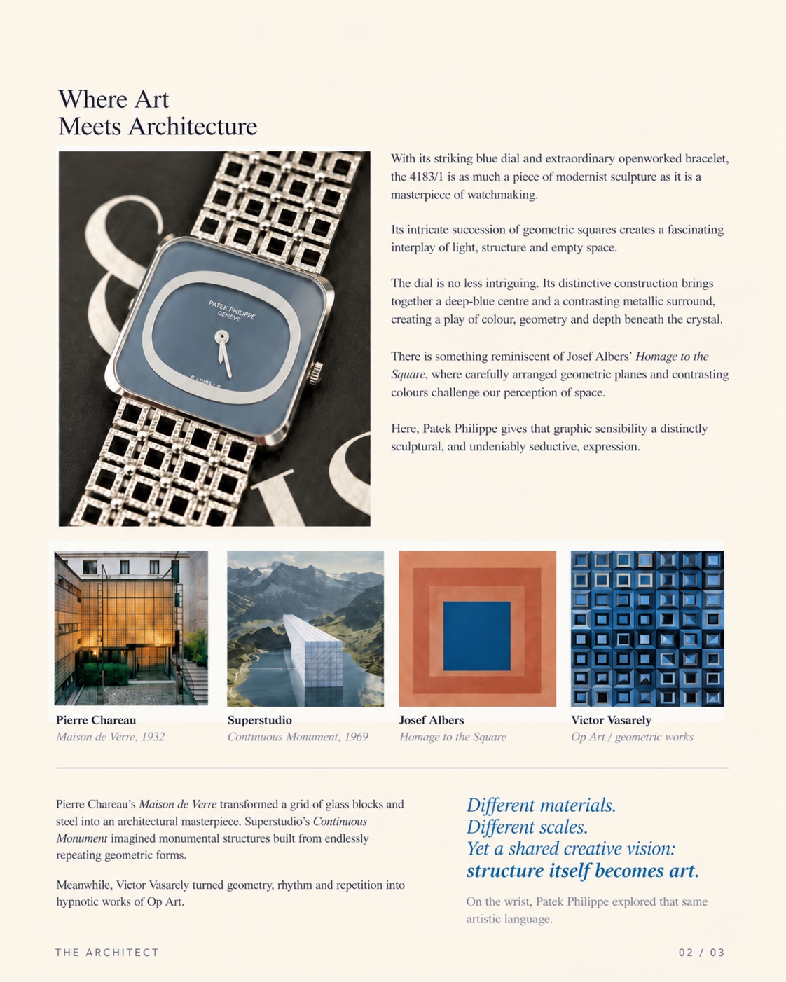 Patek Philippe Ref. 4183/1 18K white gold watch with blue dial and openworked square-link bracelet, compared with 1970s modernist art and architecture: Pierre Chareau's Maison de Verre, Superstudio, Josef Albers' Homage to the Square and Victor Vasarely's Op Art