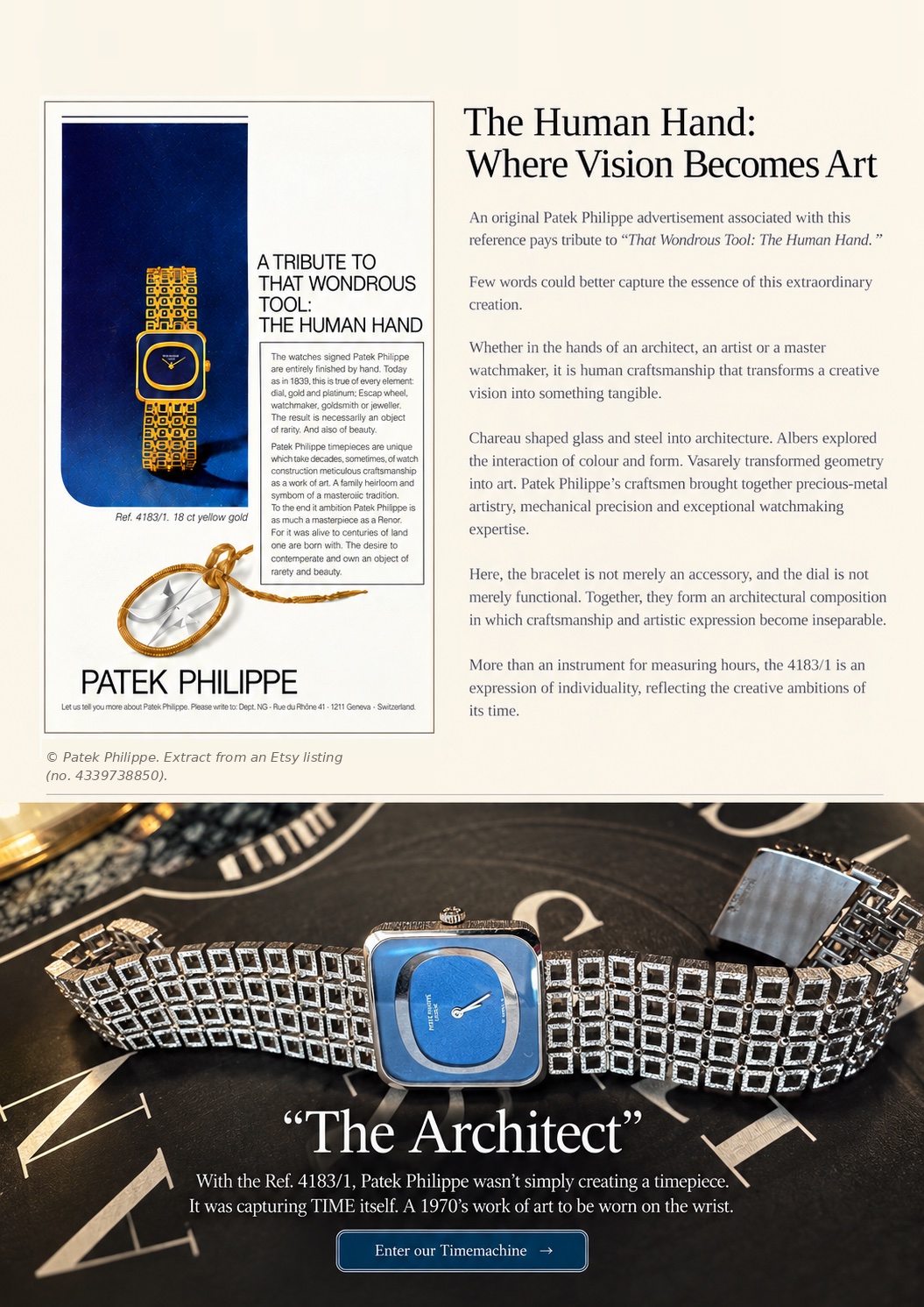 Original 1970s Patek Philippe advertisement "A Tribute to That Wondrous Tool: The Human Hand" featuring the Ref. 4183/1, and the vintage 18K white gold Patek Philippe 4183/1 with blue dial laid flat on its openworked bracelet