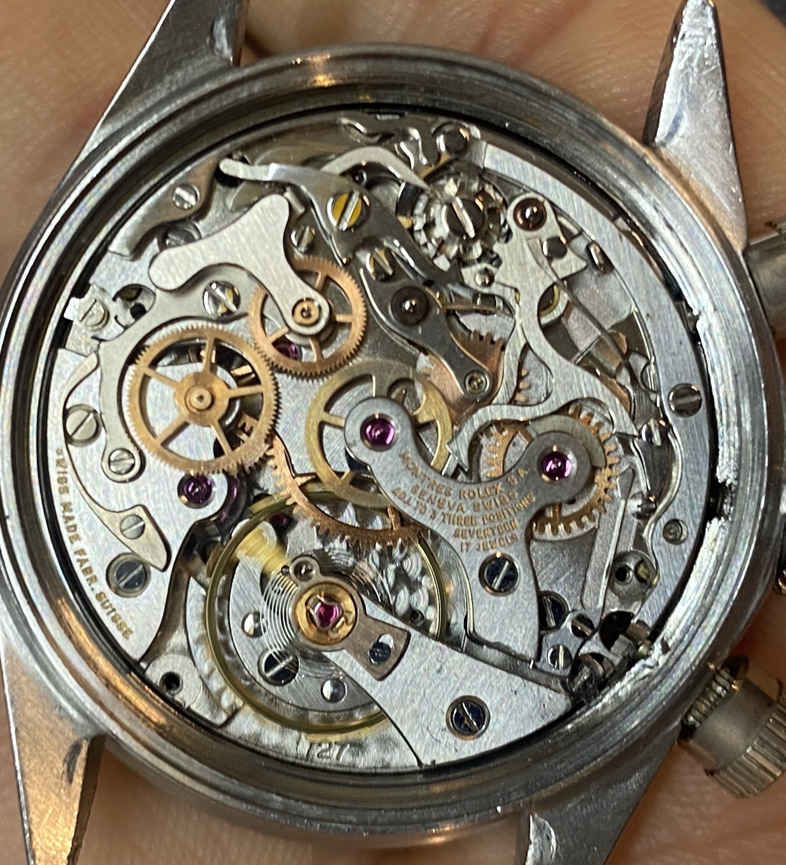 Close-up of a mechanical watch movement